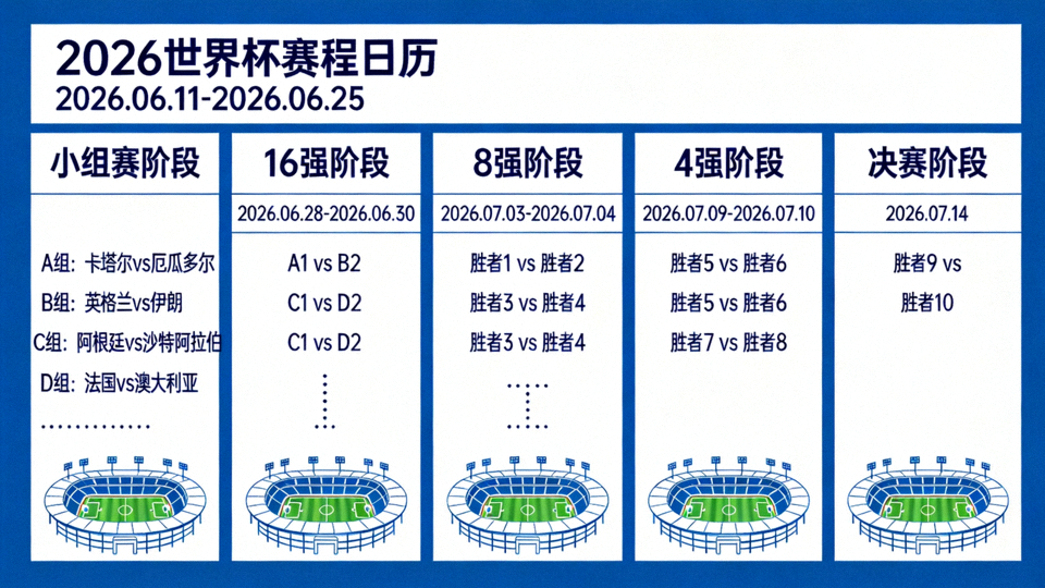 2026世界杯赛程日历表，包含小组赛至决赛的完整比赛时间与对阵信息