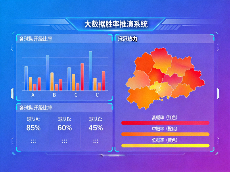 大数据胜率推演系统界面，展示各球队晋级概率与夺冠热力图分析